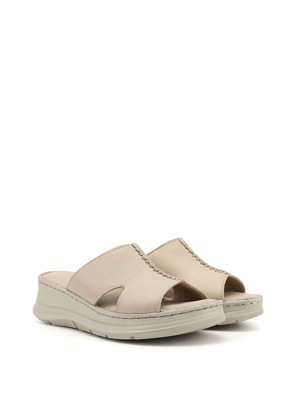 Bej Kadın YENİ BEJ Dolgu Taban Hakiki Deri Terlik-3