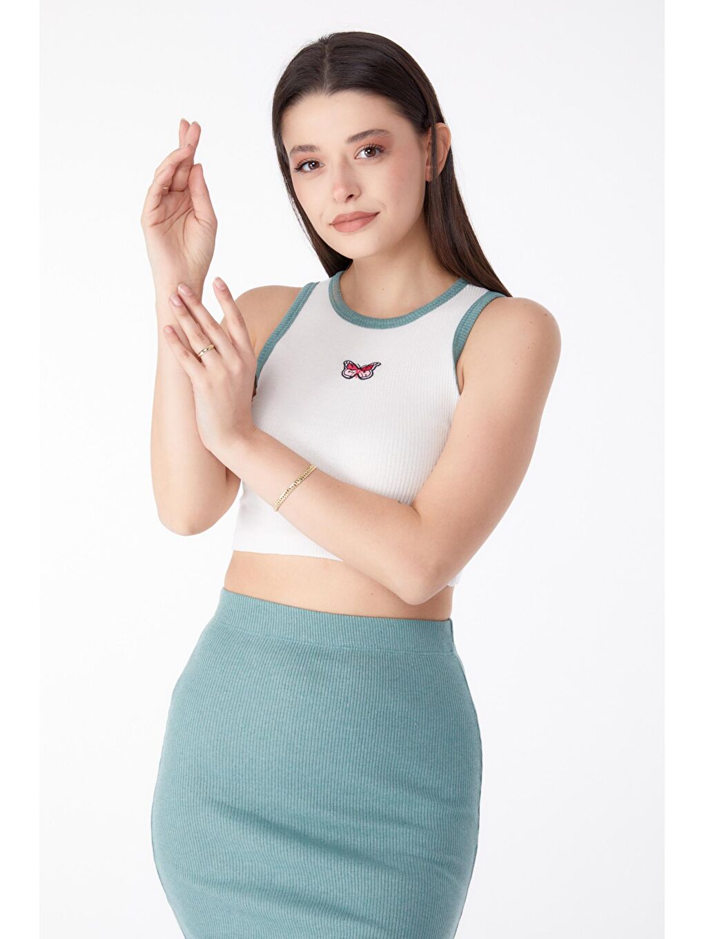 Bisiklet Yaka Kadın Yeşil Etek+Bluz İkili Takım - 25328-2