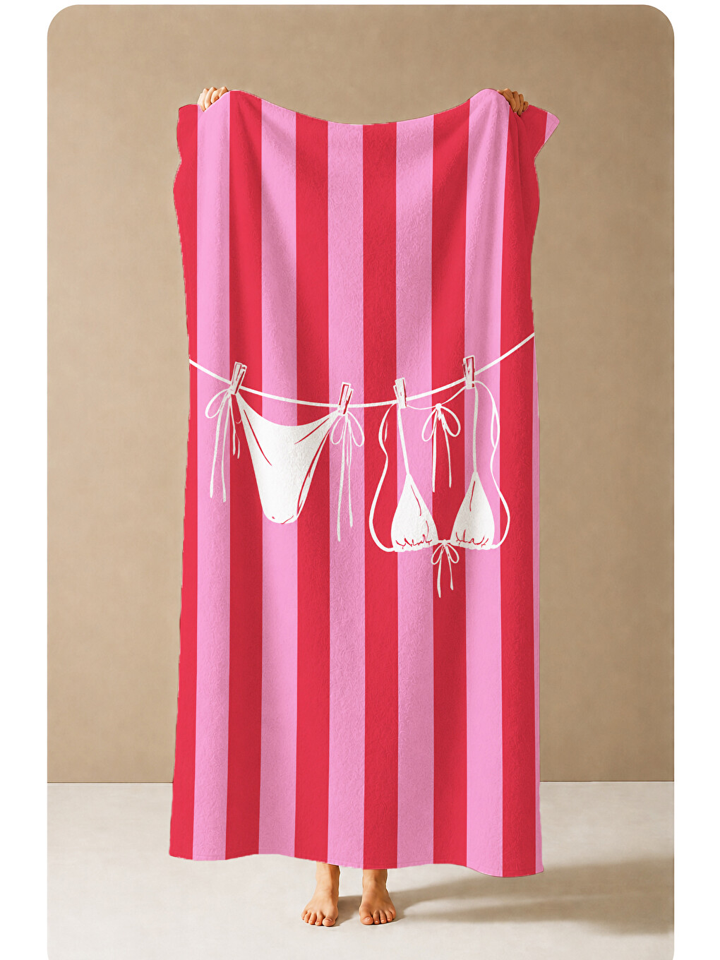 Retro Pembe Çizgili Beyaz Bikini İpli Yaz Desenli 70x150 Plaj Havlusu - Pamuklu Banyo Havlusu-1