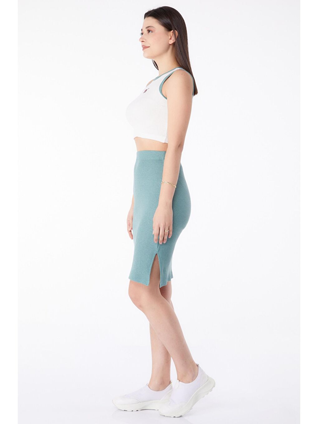 Bisiklet Yaka Kadın Yeşil Etek+Bluz İkili Takım - 25328-3