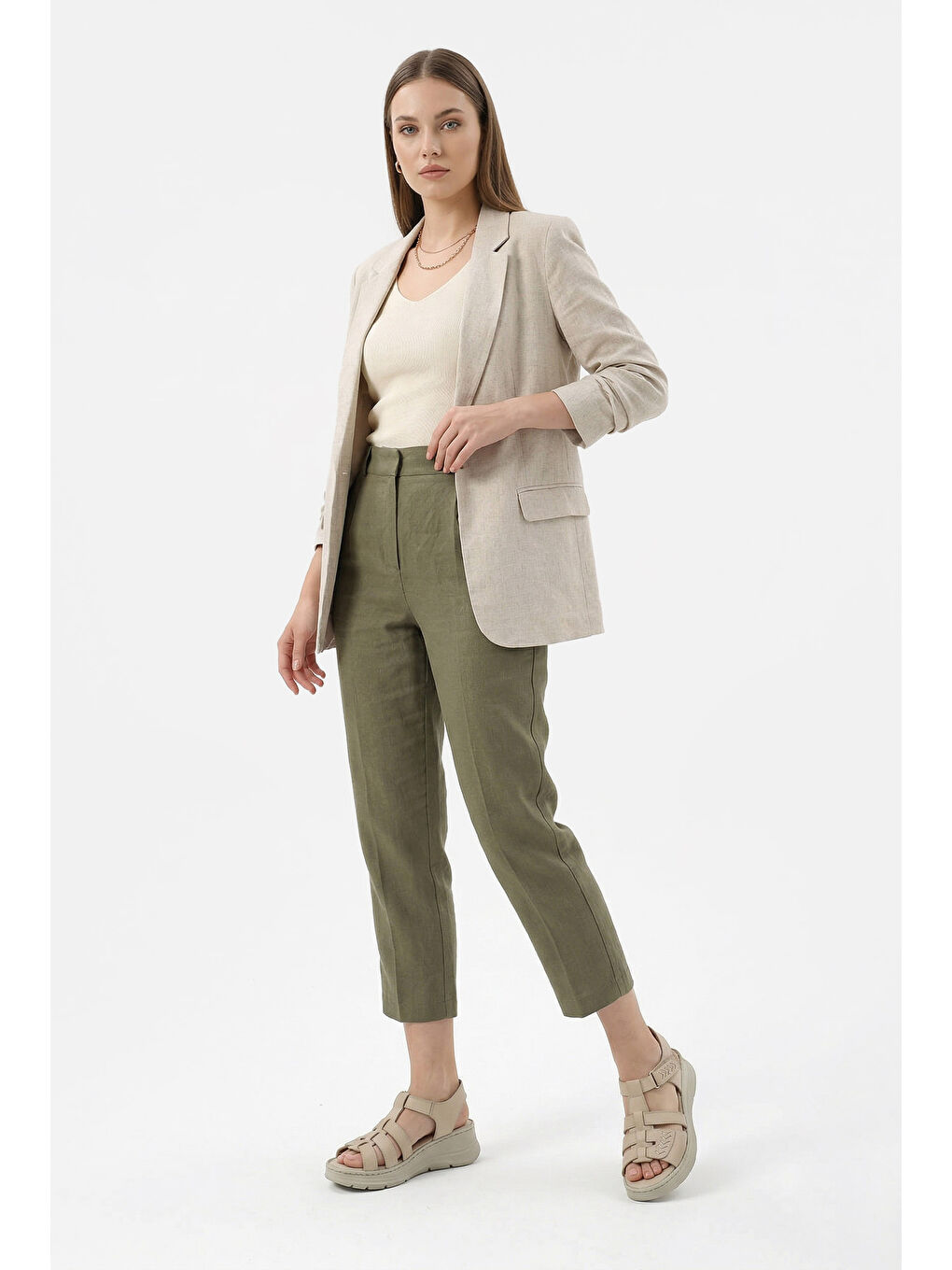 Bej Kadın YENİ BEJ Cırt Bantlı Dolgu Topuk Hakiki Deri Sandalet-2