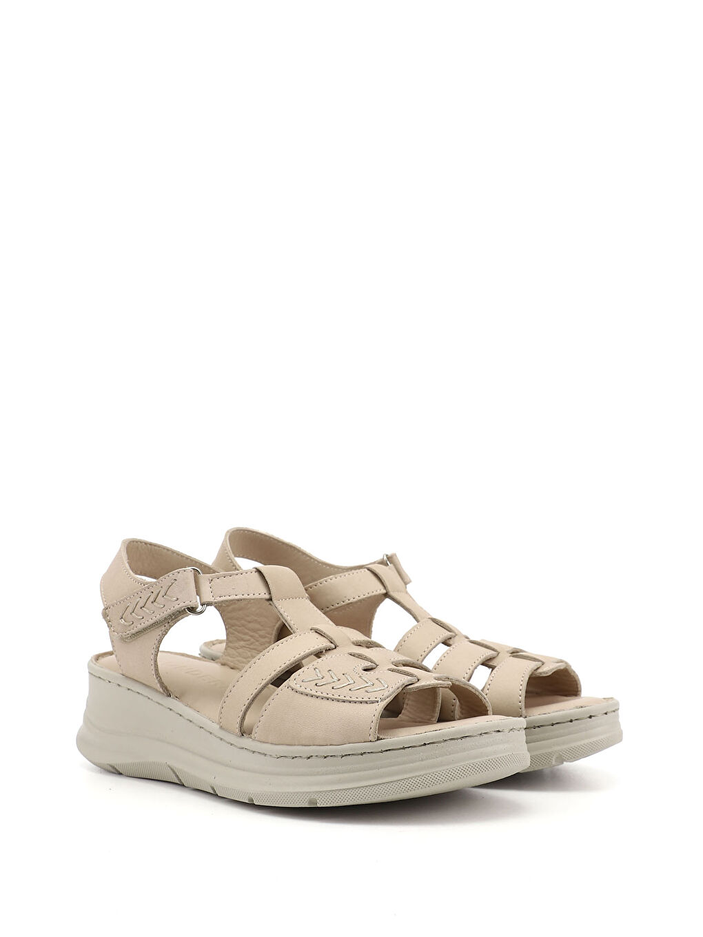 Bej Kadın YENİ BEJ Cırt Bantlı Dolgu Topuk Hakiki Deri Sandalet-3