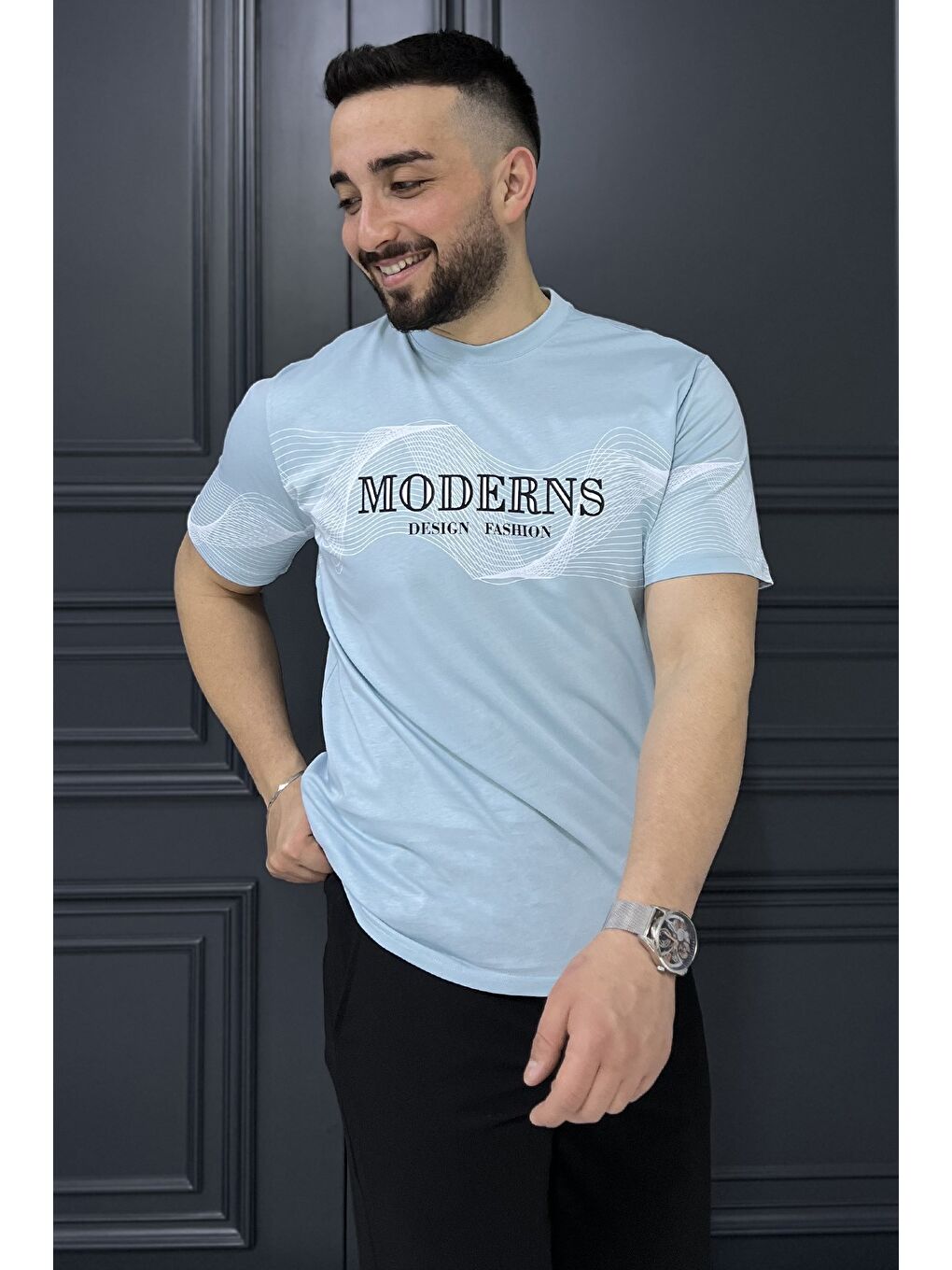 Mavi Erkek Bisiklet Yaka Baskılı Tişört-1