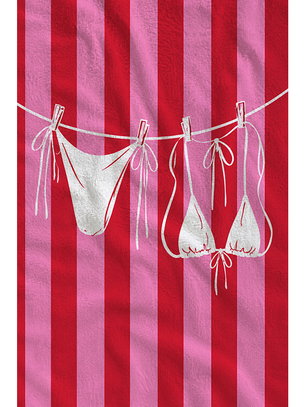 Retro Pembe Çizgili Beyaz Bikini İpli Yaz Desenli 70x150 Plaj Havlusu - Pamuklu Banyo Havlusu-2