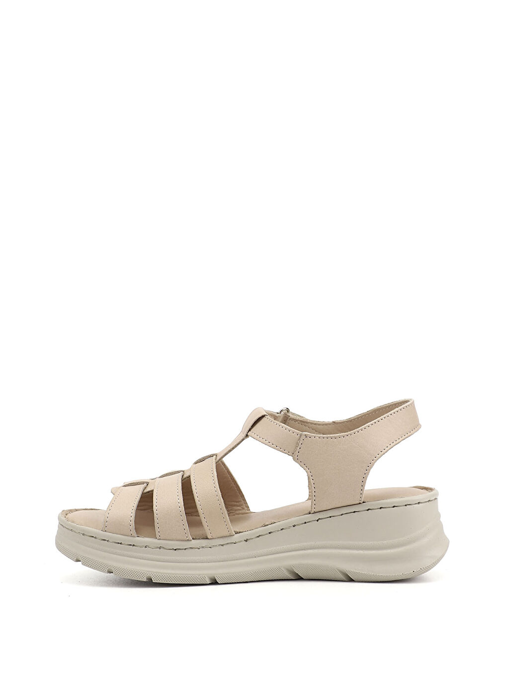 Bej Kadın YENİ BEJ Cırt Bantlı Dolgu Topuk Hakiki Deri Sandalet-4