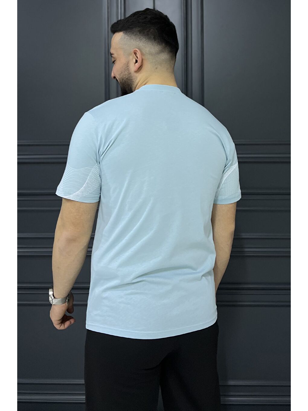 Mavi Erkek Bisiklet Yaka Baskılı Tişört-2