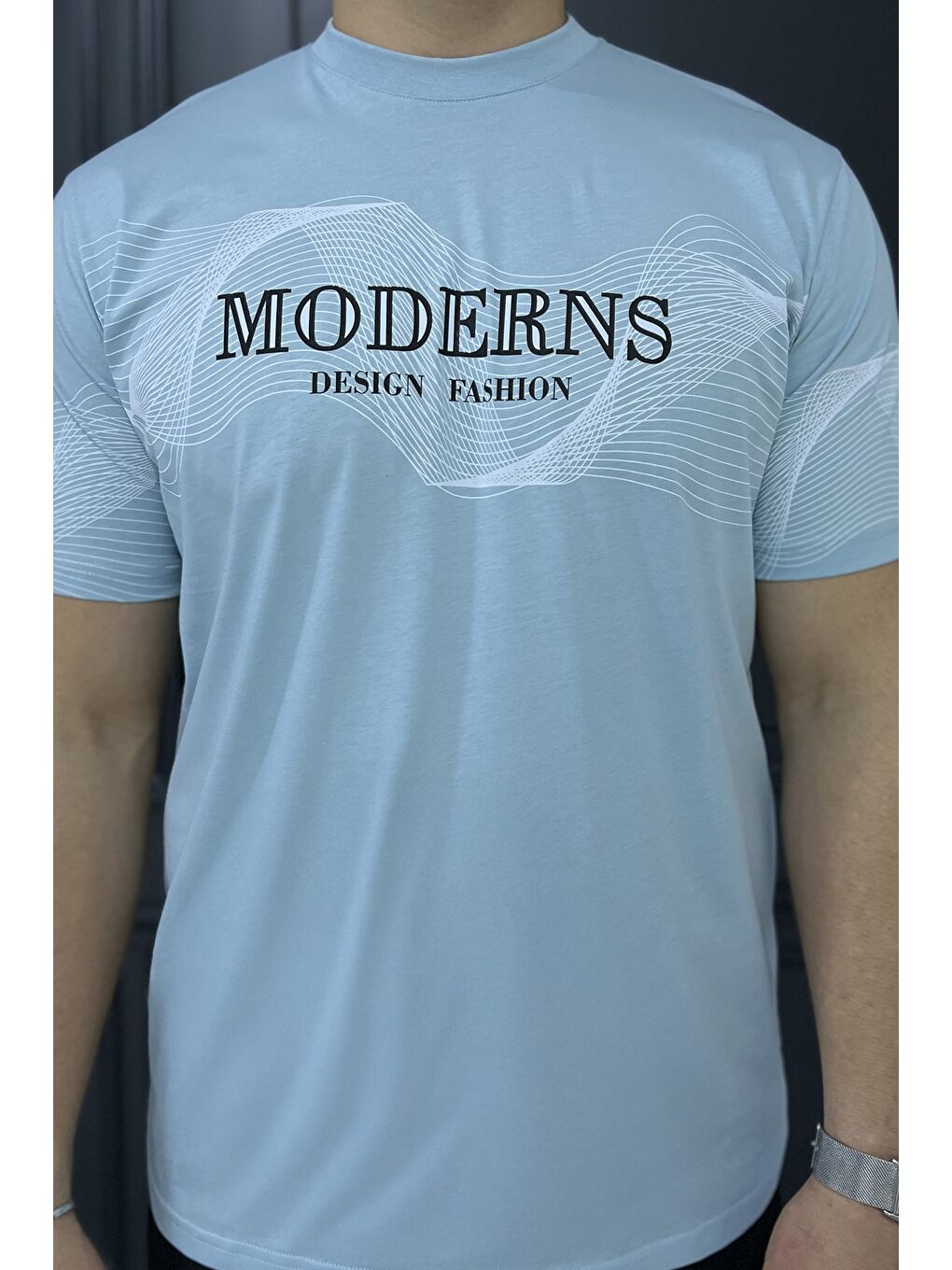 Mavi Erkek Bisiklet Yaka Baskılı Tişört-3