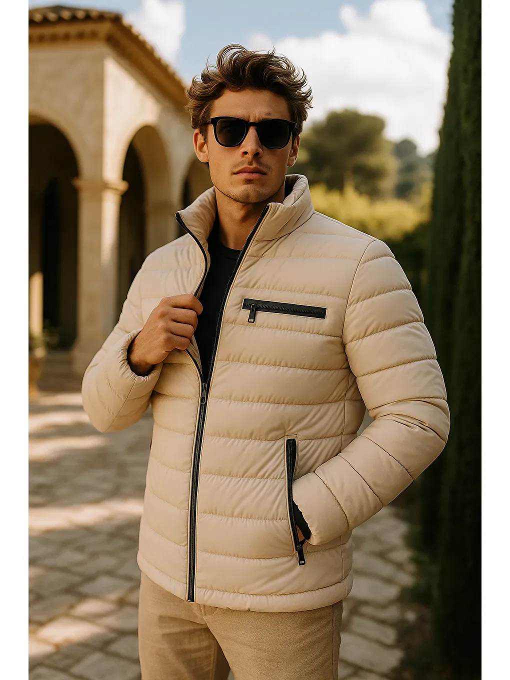 Ekru Erkek Comfort Dik Yaka Günlük Kışlık Krem Şişme Mont