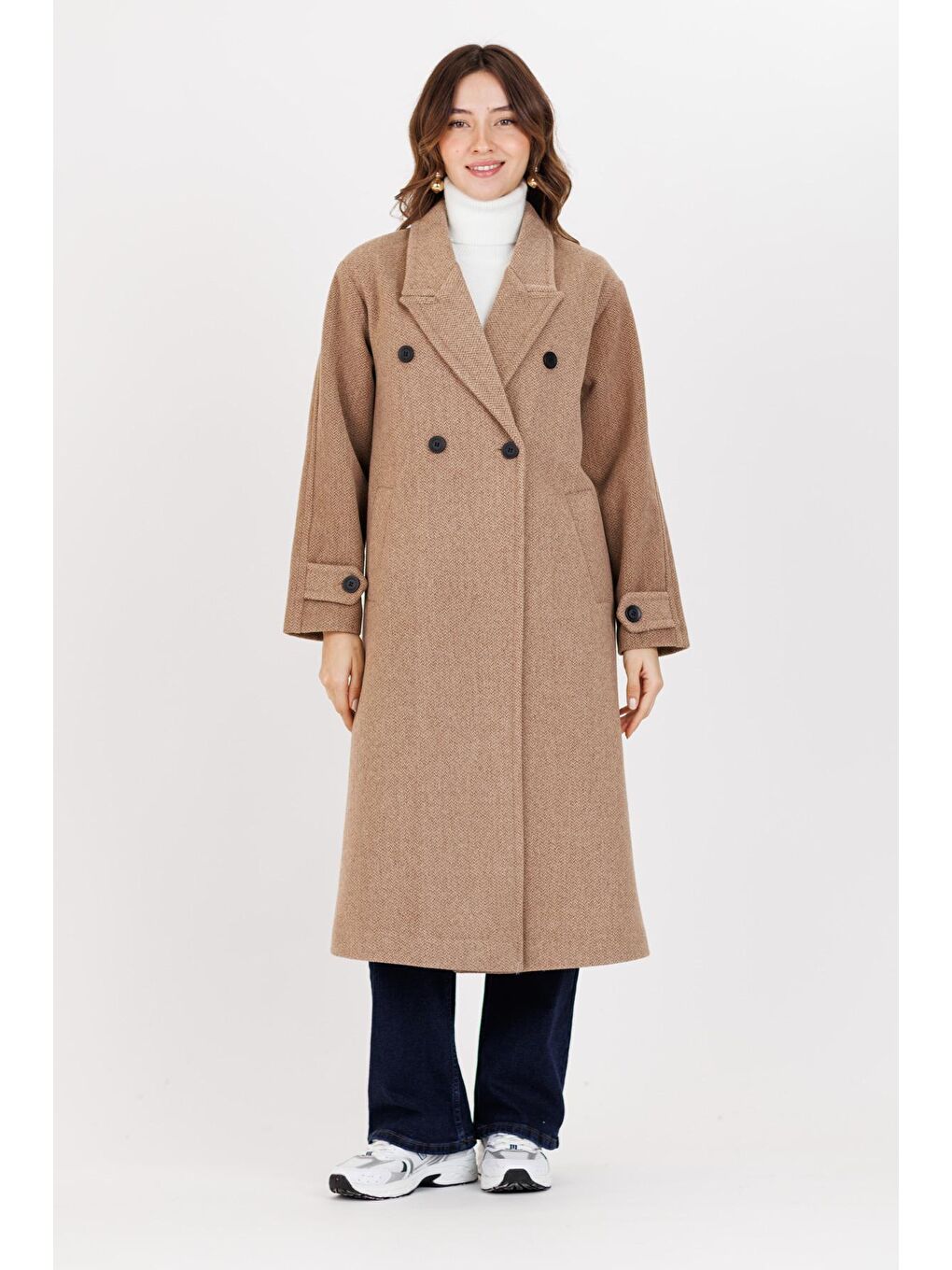 Bej Kadın 4 Düğme Kolları Apoletli Kaban 3222