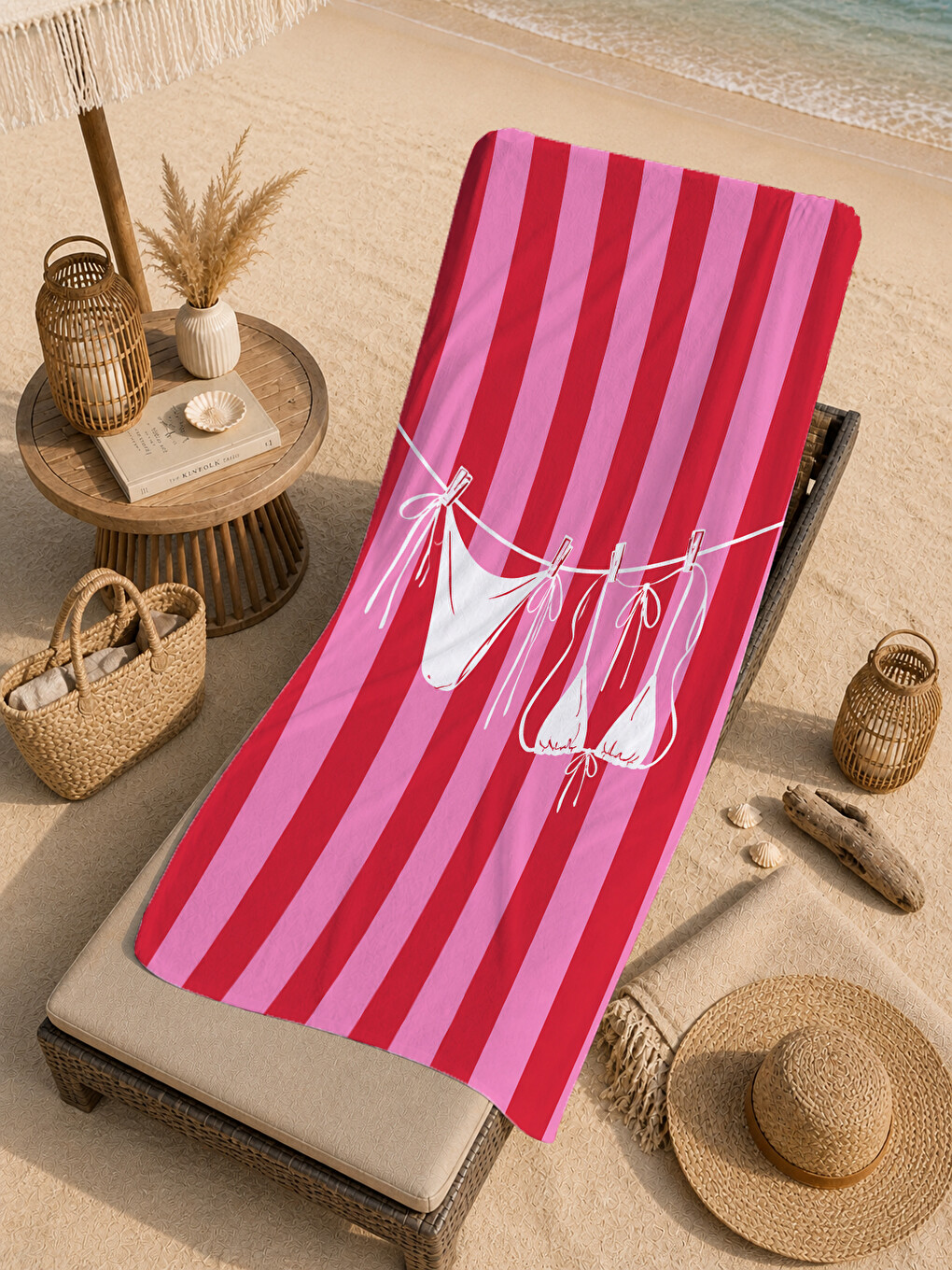 Retro Pembe Çizgili Beyaz Bikini İpli Yaz Desenli 70x150 Plaj Havlusu - Pamuklu Banyo Havlusu-3