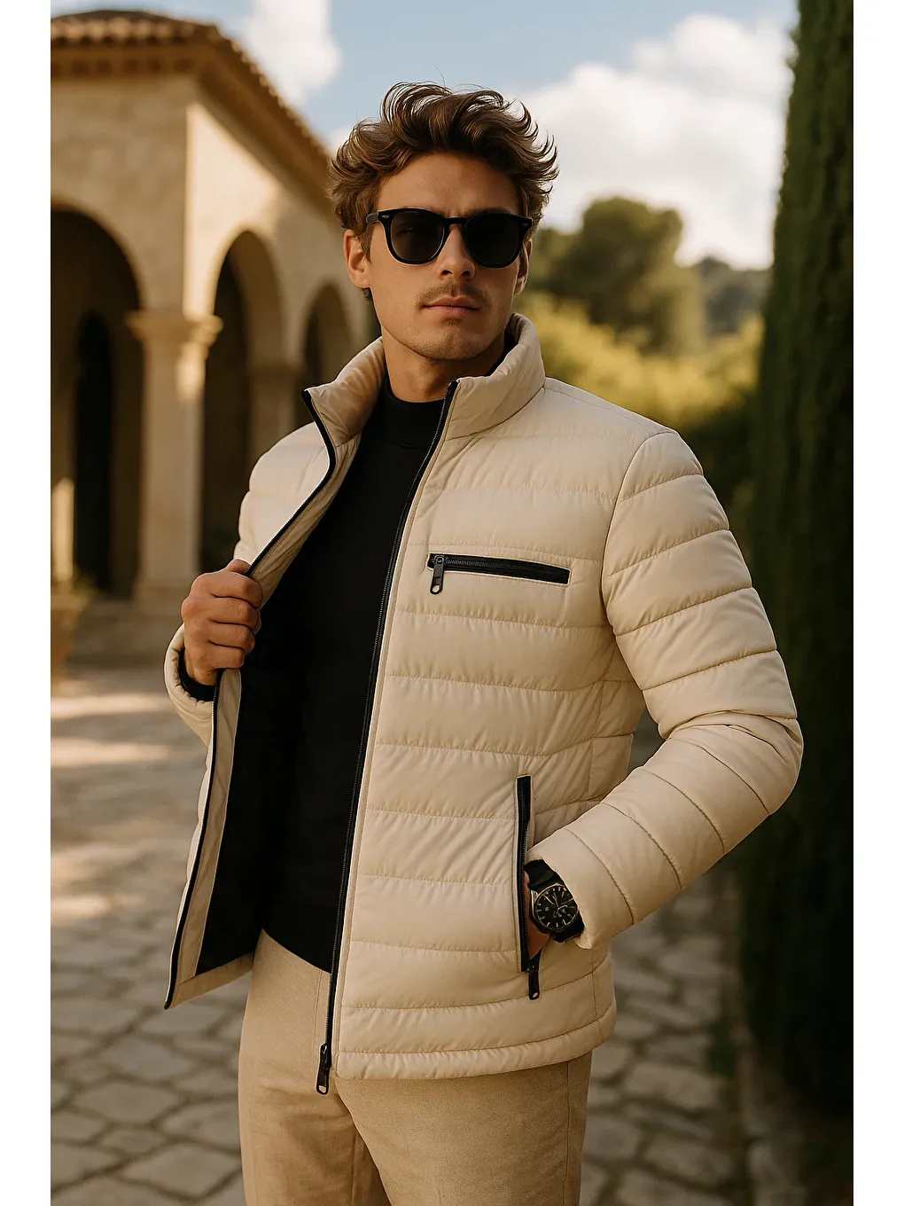 Ekru Erkek Comfort Dik Yaka Günlük Kışlık Krem Şişme Mont-1