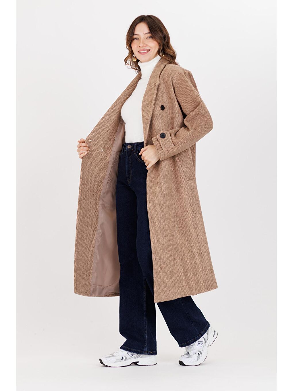 Bej Kadın 4 Düğme Kolları Apoletli Kaban 3222-1