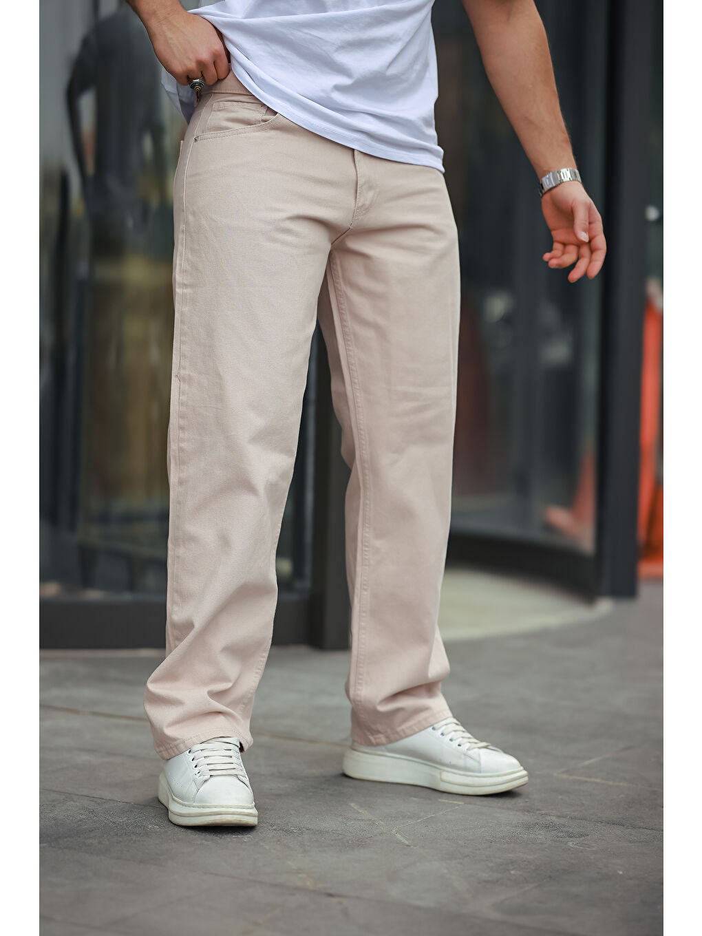 Bej Baggy Salaş Bol Ve Rahat Kalıp  Erkek Pantolon