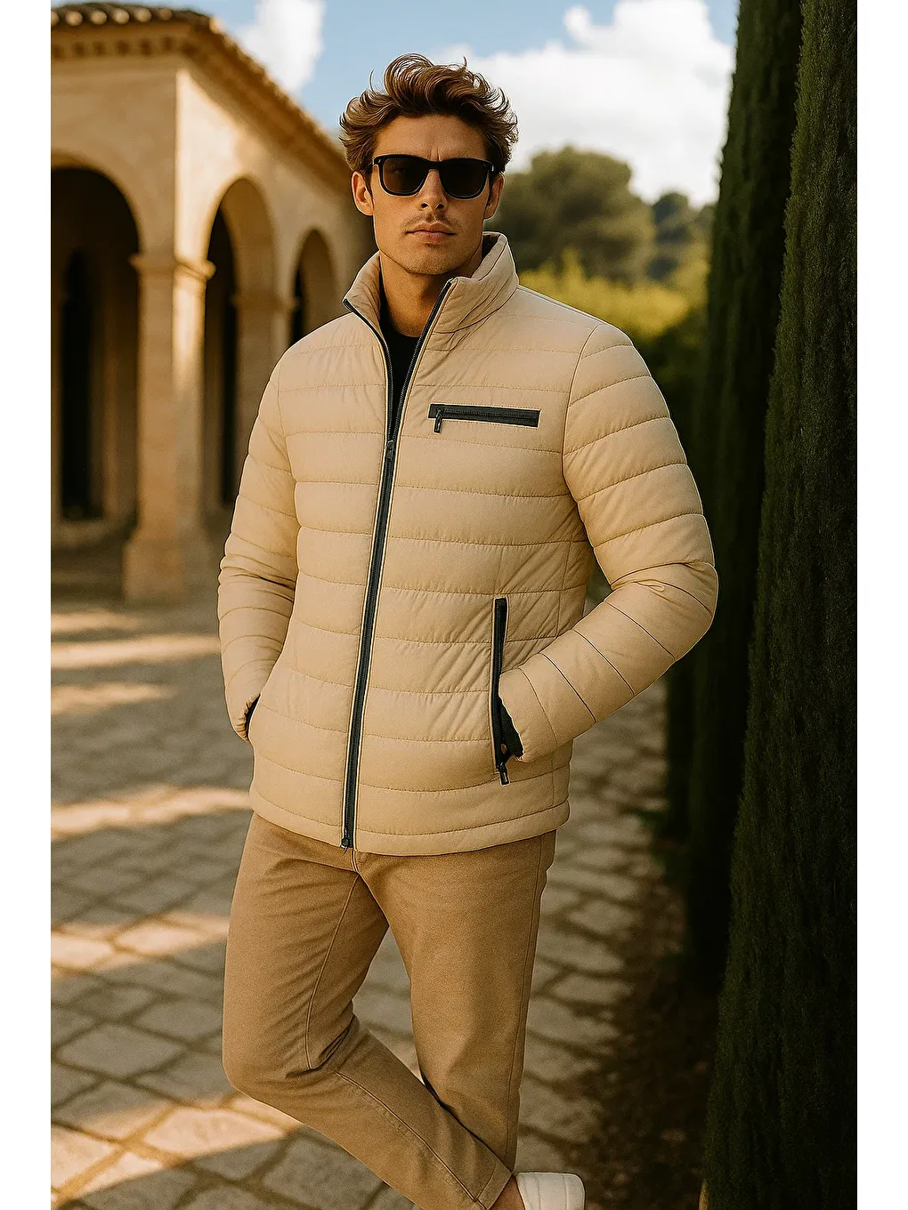 Ekru Erkek Comfort Dik Yaka Günlük Kışlık Krem Şişme Mont-2