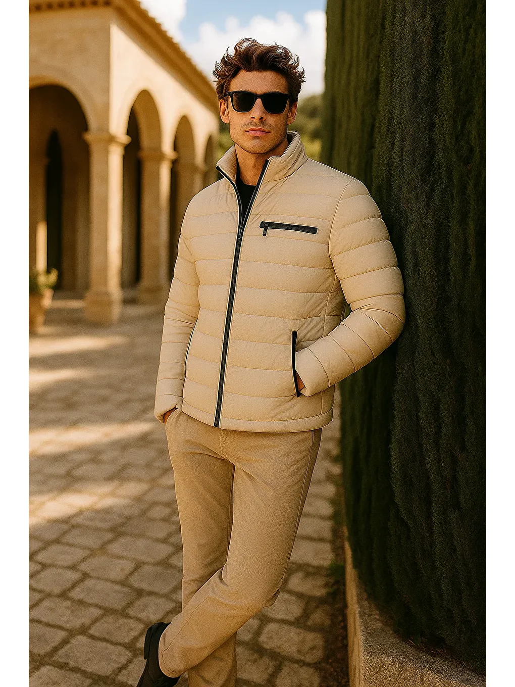 Ekru Erkek Comfort Dik Yaka Günlük Kışlık Krem Şişme Mont-3