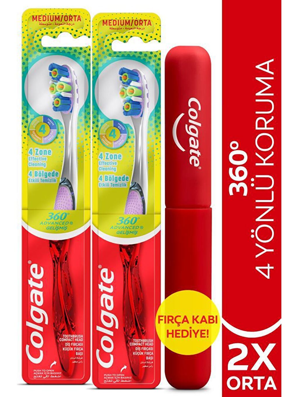 Colgate Gri-Mor 360 Gelişmiş 4 Yönlü Koruma Orta Diş Fırçası x 2 Adet + Diş Fırçası Kabı Hediye