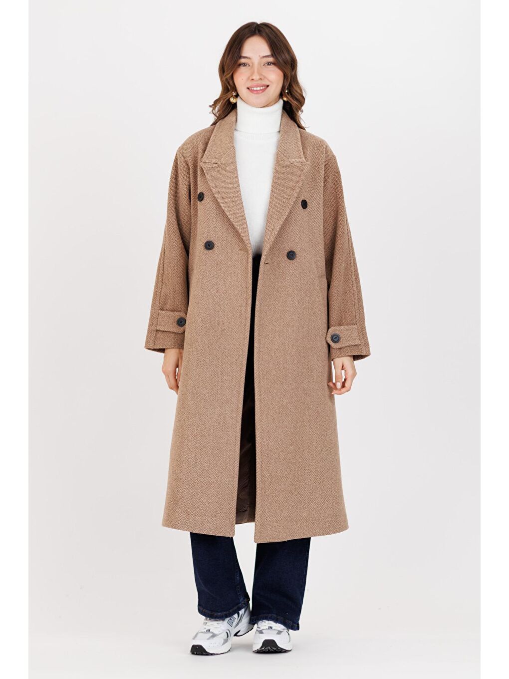 Bej Kadın 4 Düğme Kolları Apoletli Kaban 3222-2