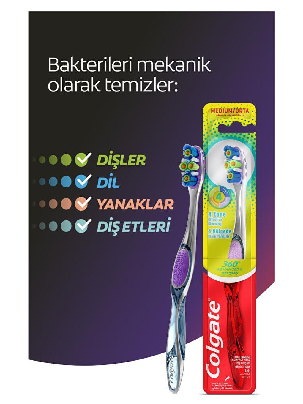 Colgate Gri-Mor 360 Gelişmiş 4 Yönlü Koruma Orta Diş Fırçası x 2 Adet + Diş Fırçası Kabı Hediye - 1