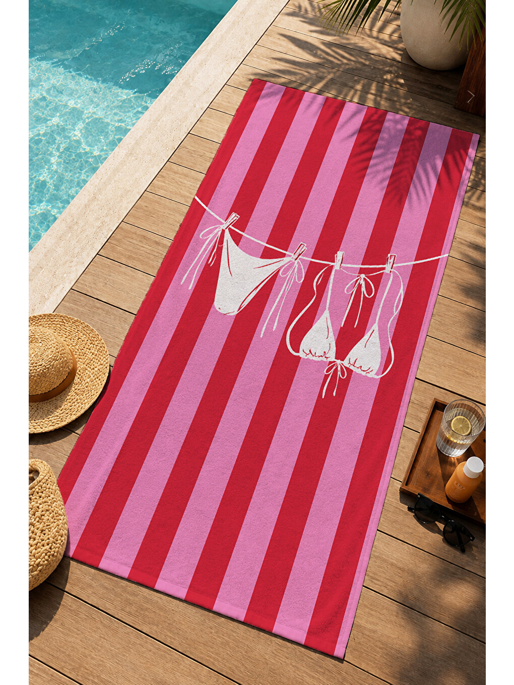 Retro Pembe Çizgili Beyaz Bikini İpli Yaz Desenli 70x150 Plaj Havlusu - Pamuklu Banyo Havlusu-4