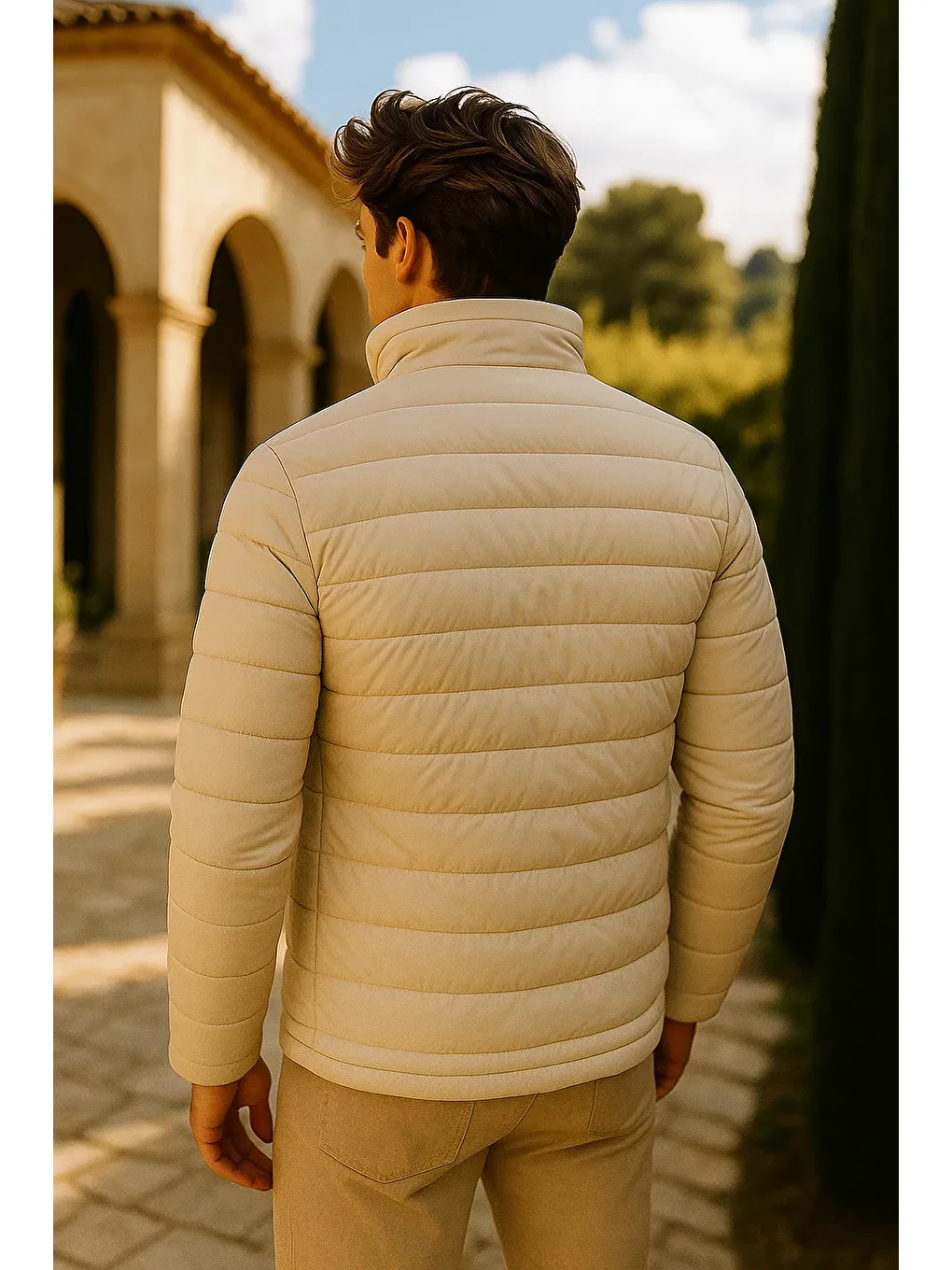 Ekru Erkek Comfort Dik Yaka Günlük Kışlık Krem Şişme Mont-5