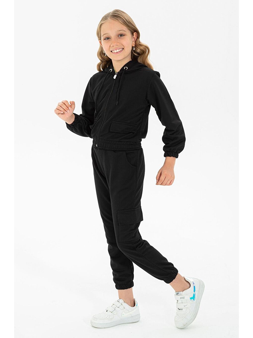Kapüşonlu Uzun Kol Siyah Renk Kız Çocuk Eşofman Takım
