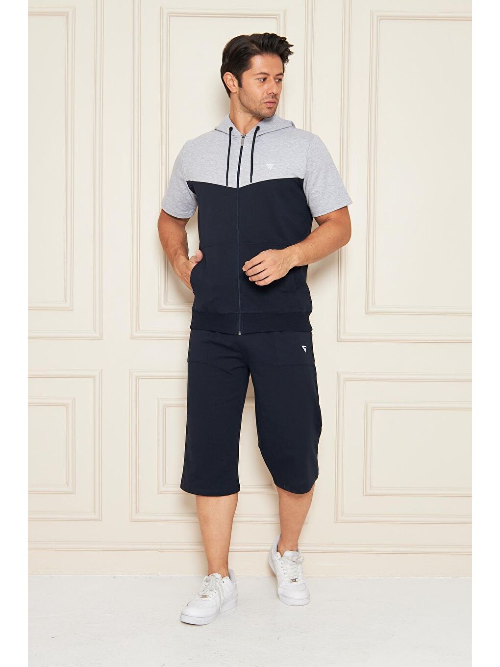 Erkek Pamuklu Kapüşonlu Kapri Takım Gri / Lacivert 7501-G.L.