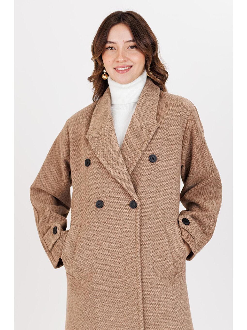 Bej Kadın 4 Düğme Kolları Apoletli Kaban 3222-4