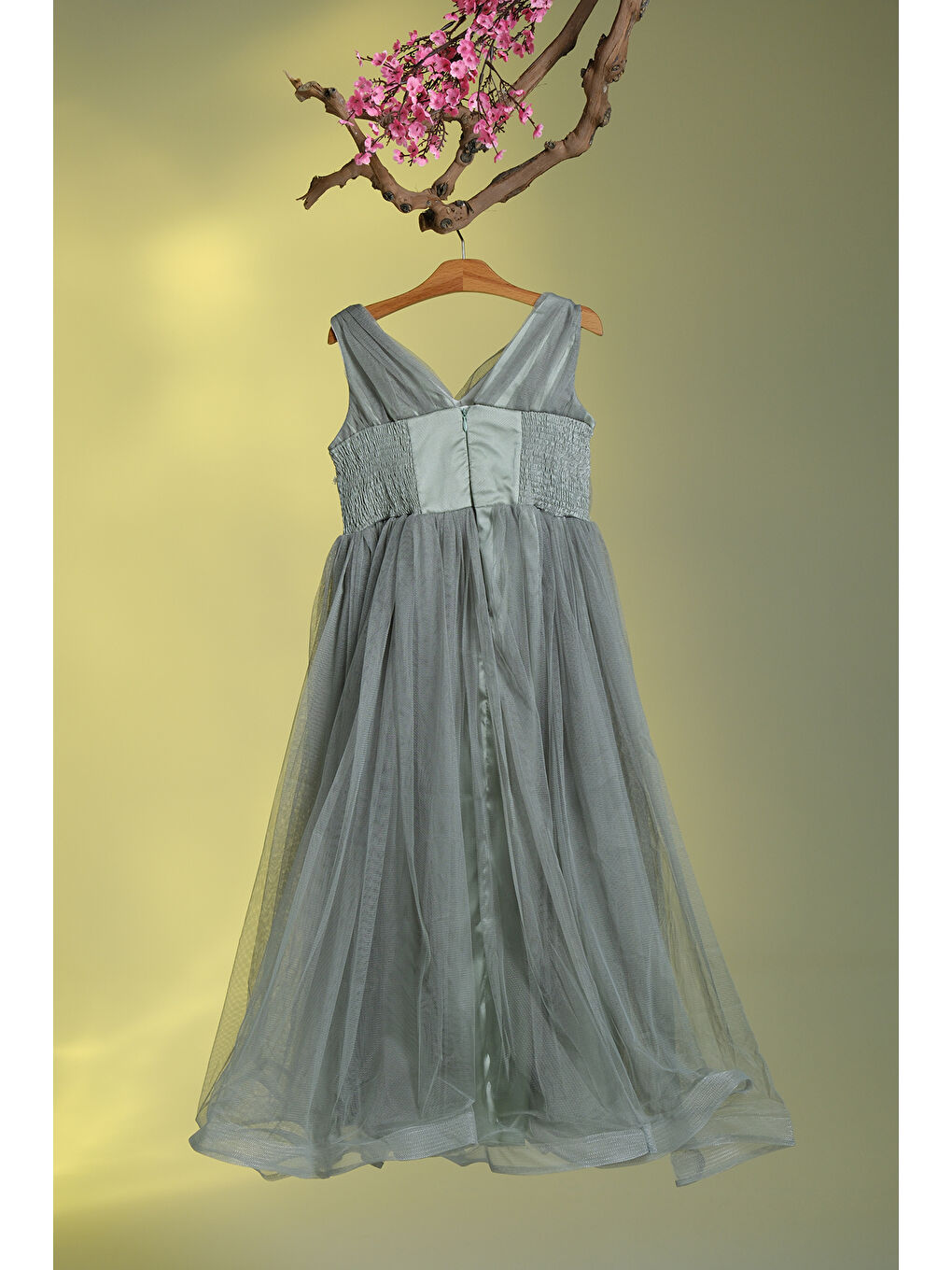 Mavi Beli İkili Taşlı Şeritli V Yakalı Kız Çocuk Abiye ABY.3005-4