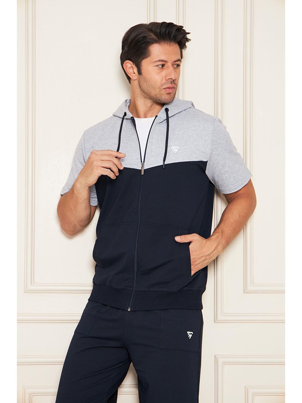 Erkek Pamuklu Kapüşonlu Kapri Takım Gri / Lacivert 7501-G.L.-1