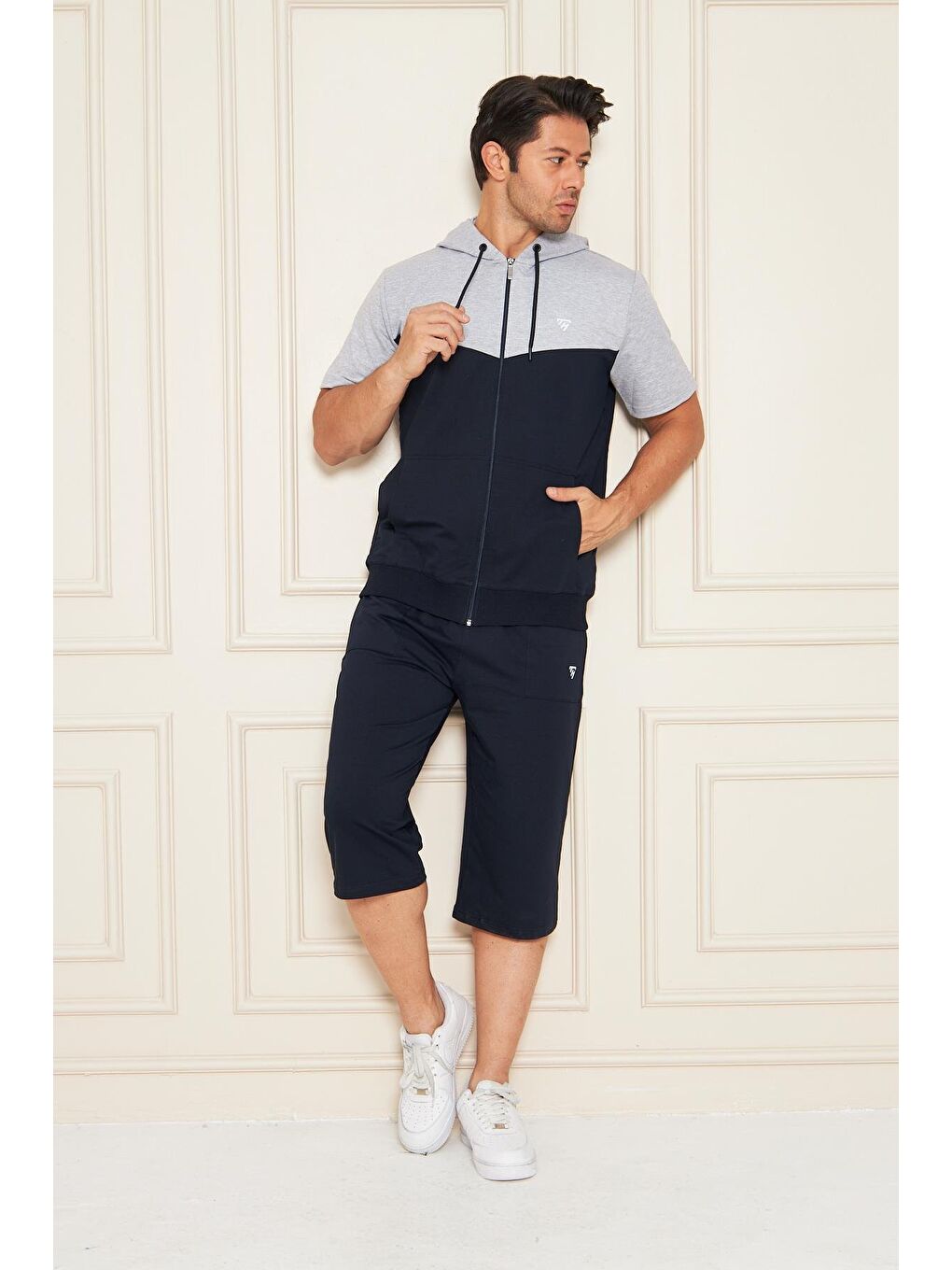 Erkek Pamuklu Kapüşonlu Kapri Takım Gri / Lacivert 7501-G.L.-2