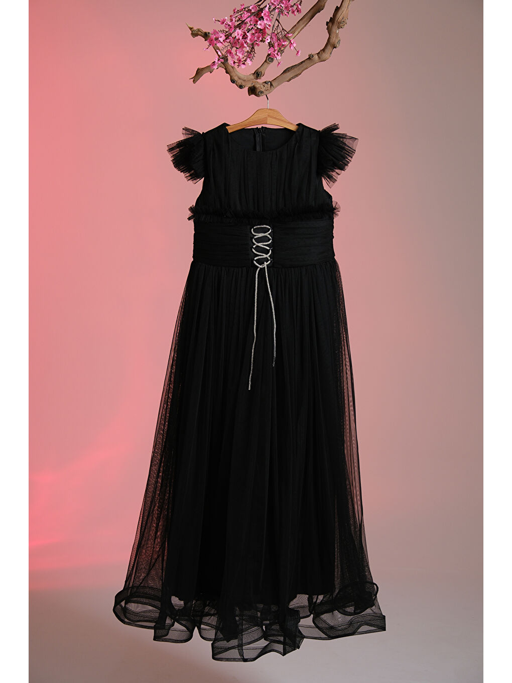 Siyah Beli İplik Detaylı Fıfır Kollu Kız Çocuk Abiye ABY.3005