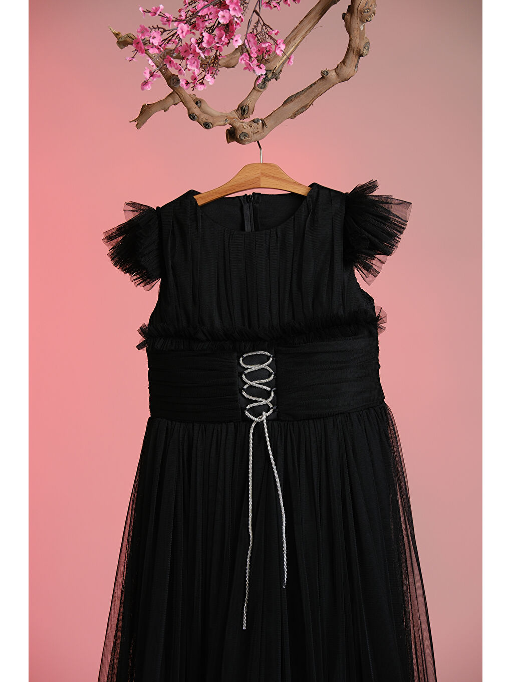 Siyah Beli İplik Detaylı Fıfır Kollu Kız Çocuk Abiye ABY.3005-1