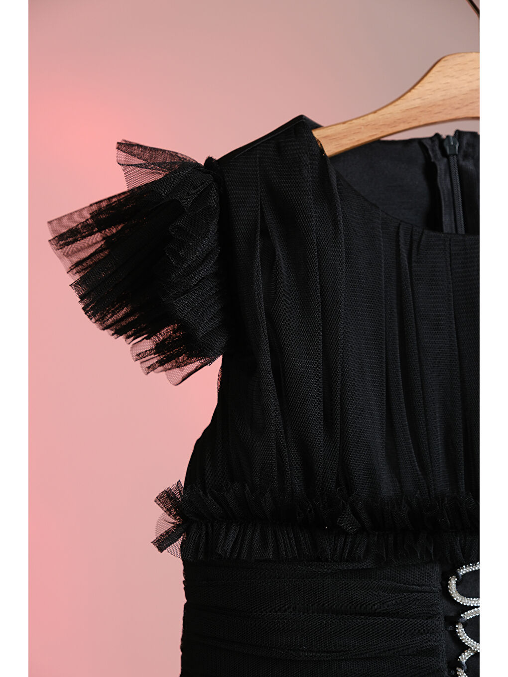 Siyah Beli İplik Detaylı Fıfır Kollu Kız Çocuk Abiye ABY.3005-3