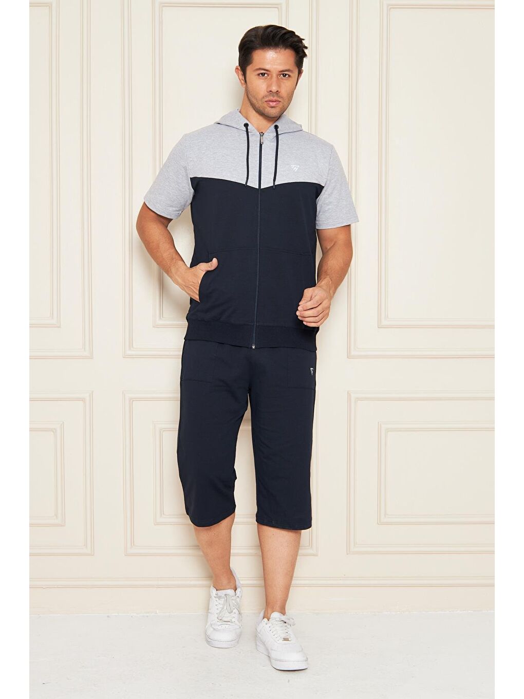 Erkek Pamuklu Kapüşonlu Kapri Takım Gri / Lacivert 7501-G.L.-4