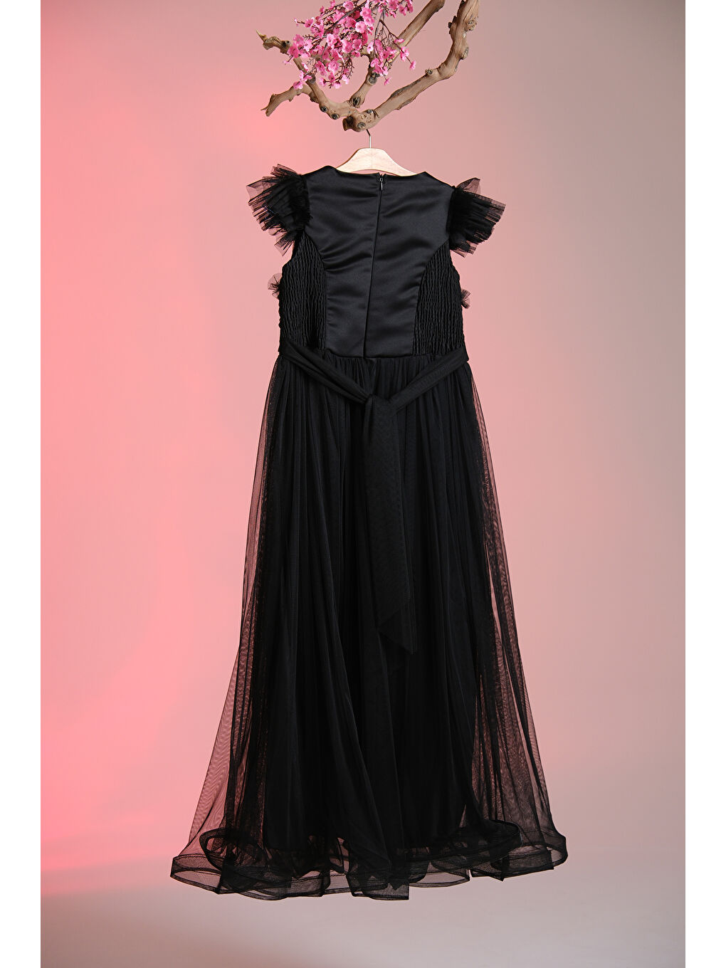 Siyah Beli İplik Detaylı Fıfır Kollu Kız Çocuk Abiye ABY.3005-4