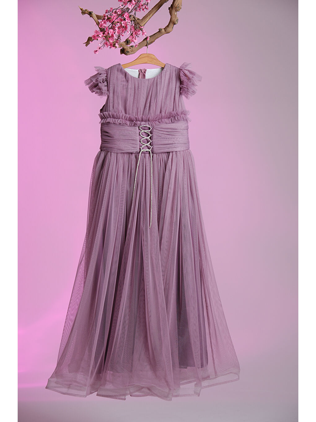 Lila Beli İplik Detaylı Fıfır Kollu Kız Çocuk Abiye ABY.3005