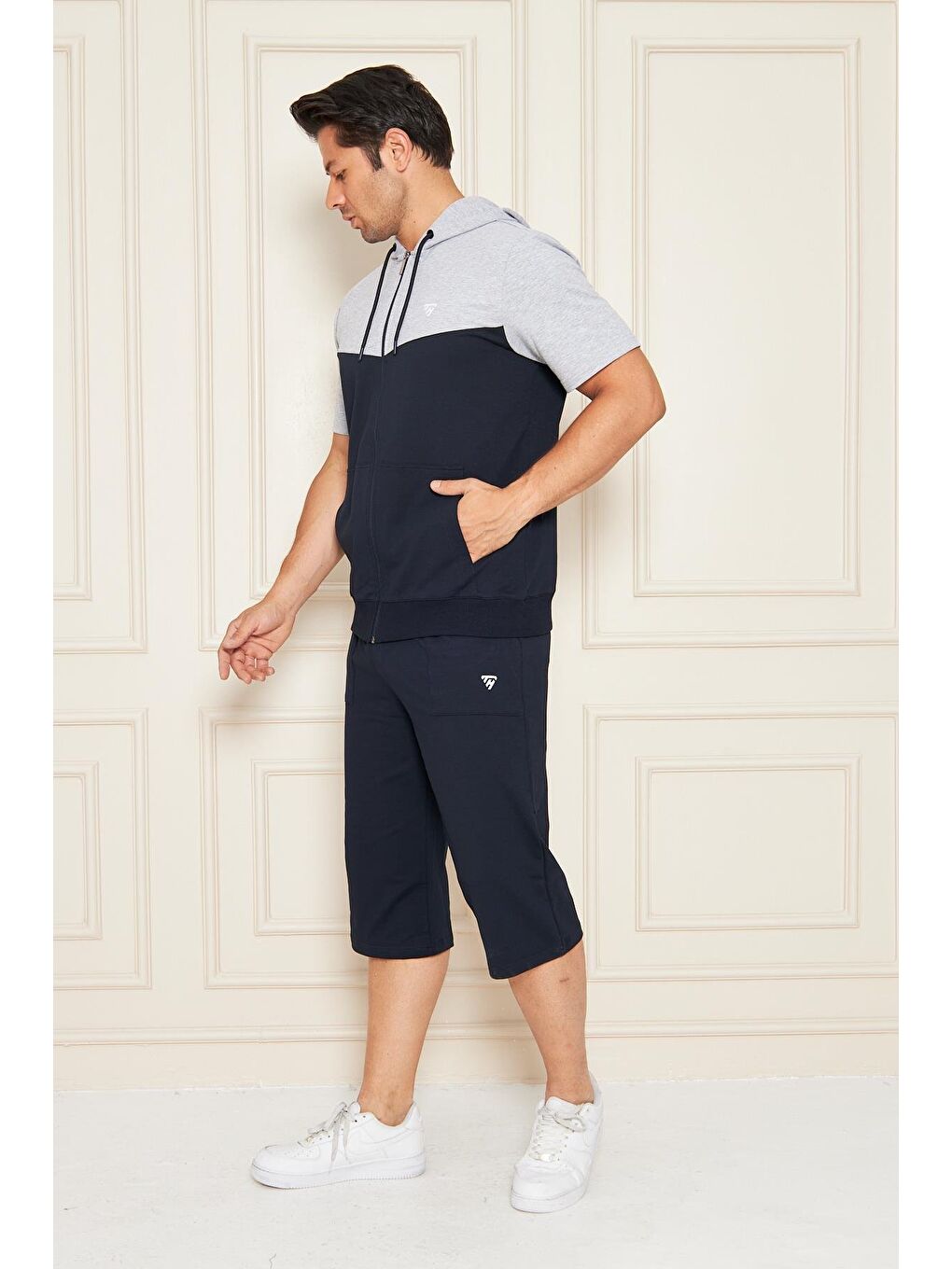 Erkek Pamuklu Kapüşonlu Kapri Takım Gri / Lacivert 7501-G.L.-5