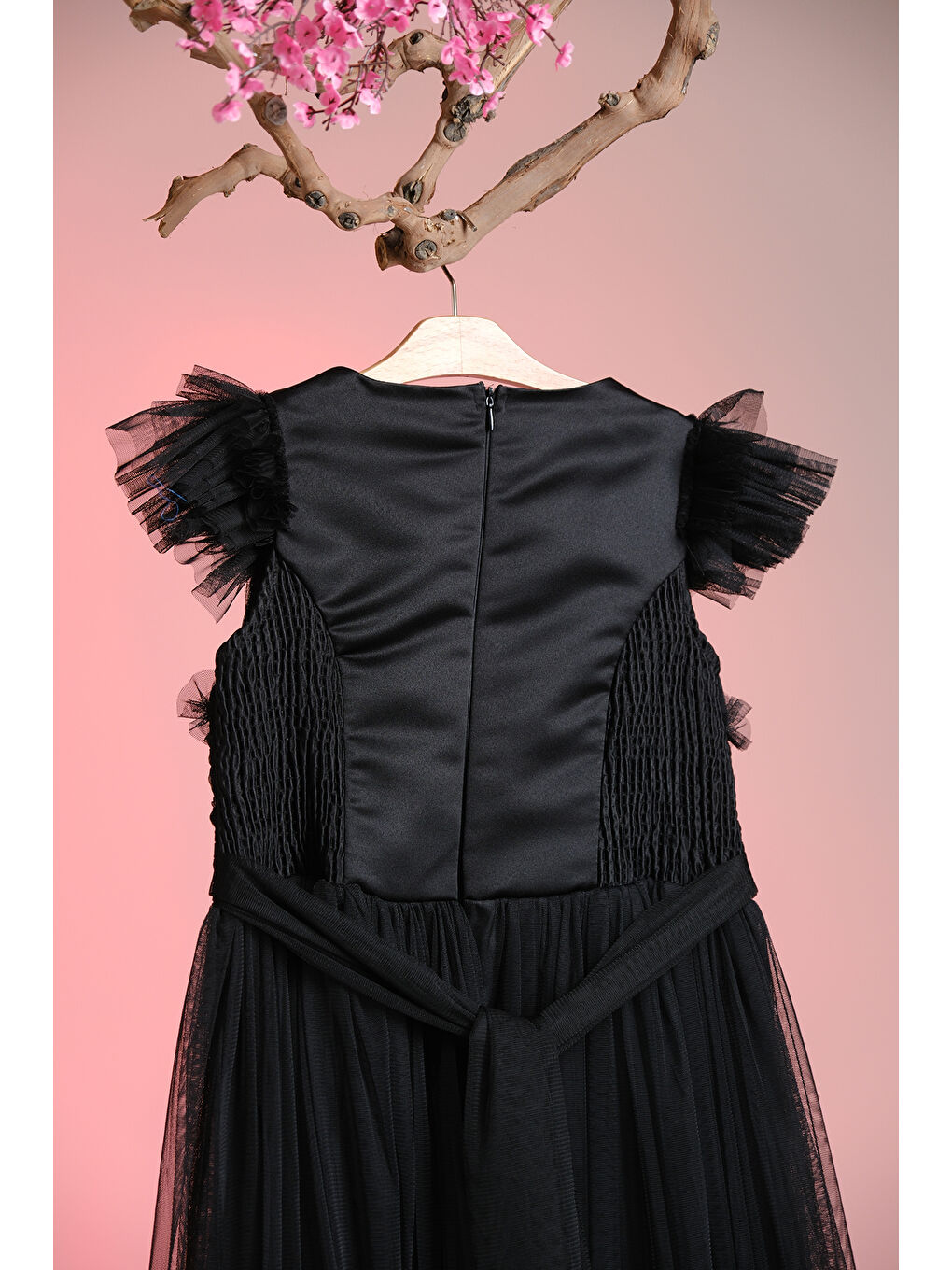 Siyah Beli İplik Detaylı Fıfır Kollu Kız Çocuk Abiye ABY.3005-5