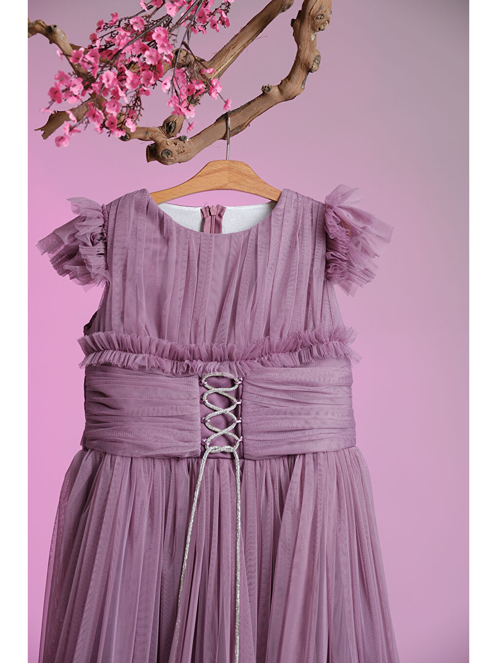 Lila Beli İplik Detaylı Fıfır Kollu Kız Çocuk Abiye ABY.3005-1