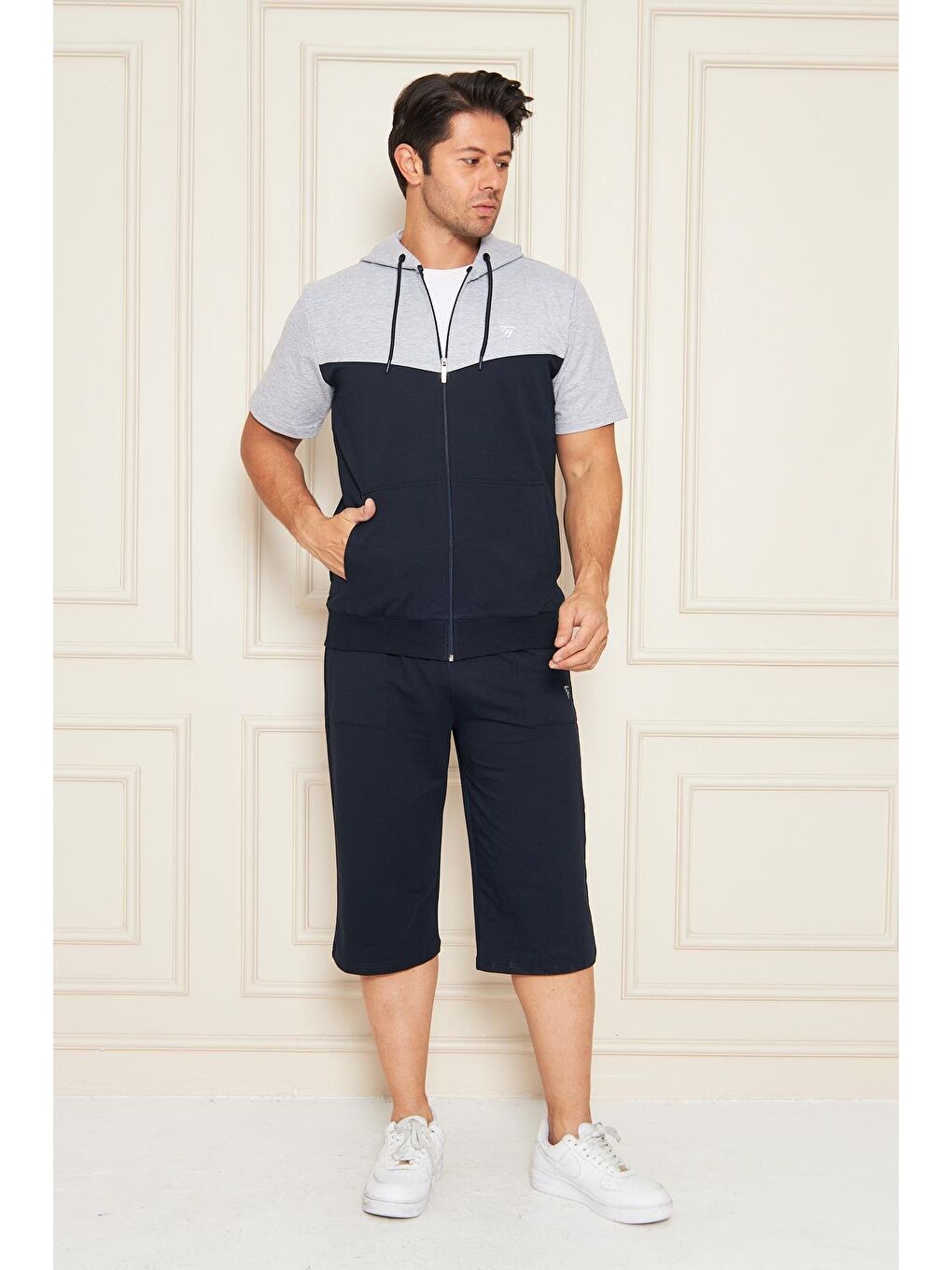 Erkek Pamuklu Kapüşonlu Kapri Takım Gri / Lacivert 7501-G.L.-6