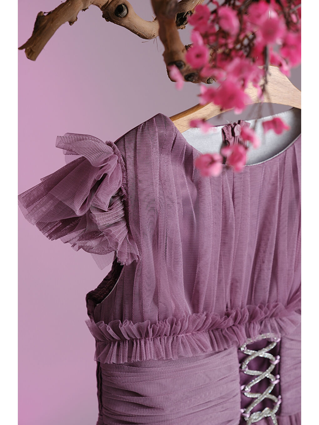 Lila Beli İplik Detaylı Fıfır Kollu Kız Çocuk Abiye ABY.3005-2