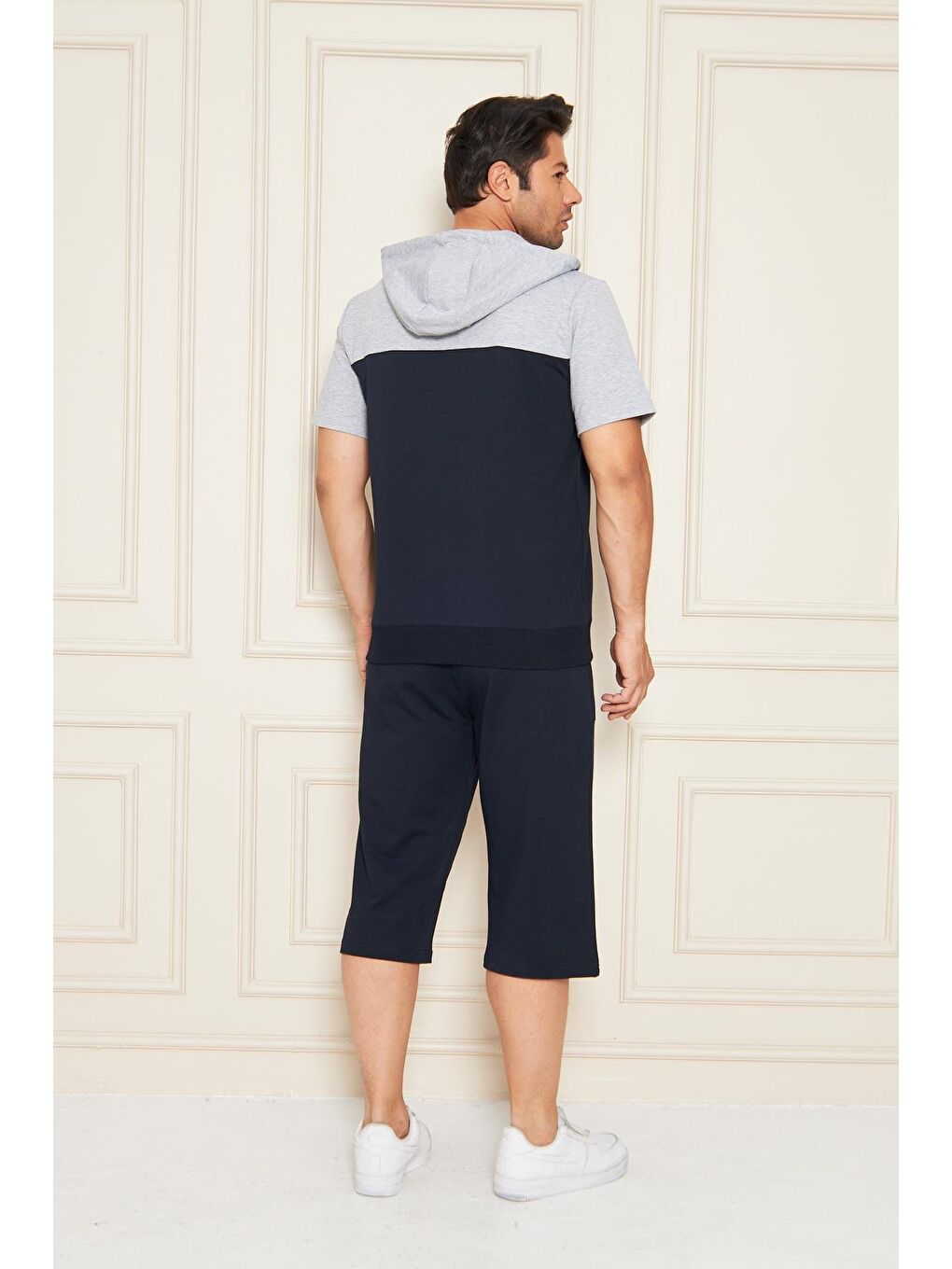 Erkek Pamuklu Kapüşonlu Kapri Takım Gri / Lacivert 7501-G.L.-7