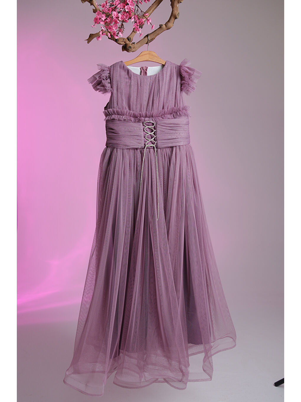 Lila Beli İplik Detaylı Fıfır Kollu Kız Çocuk Abiye ABY.3005-4