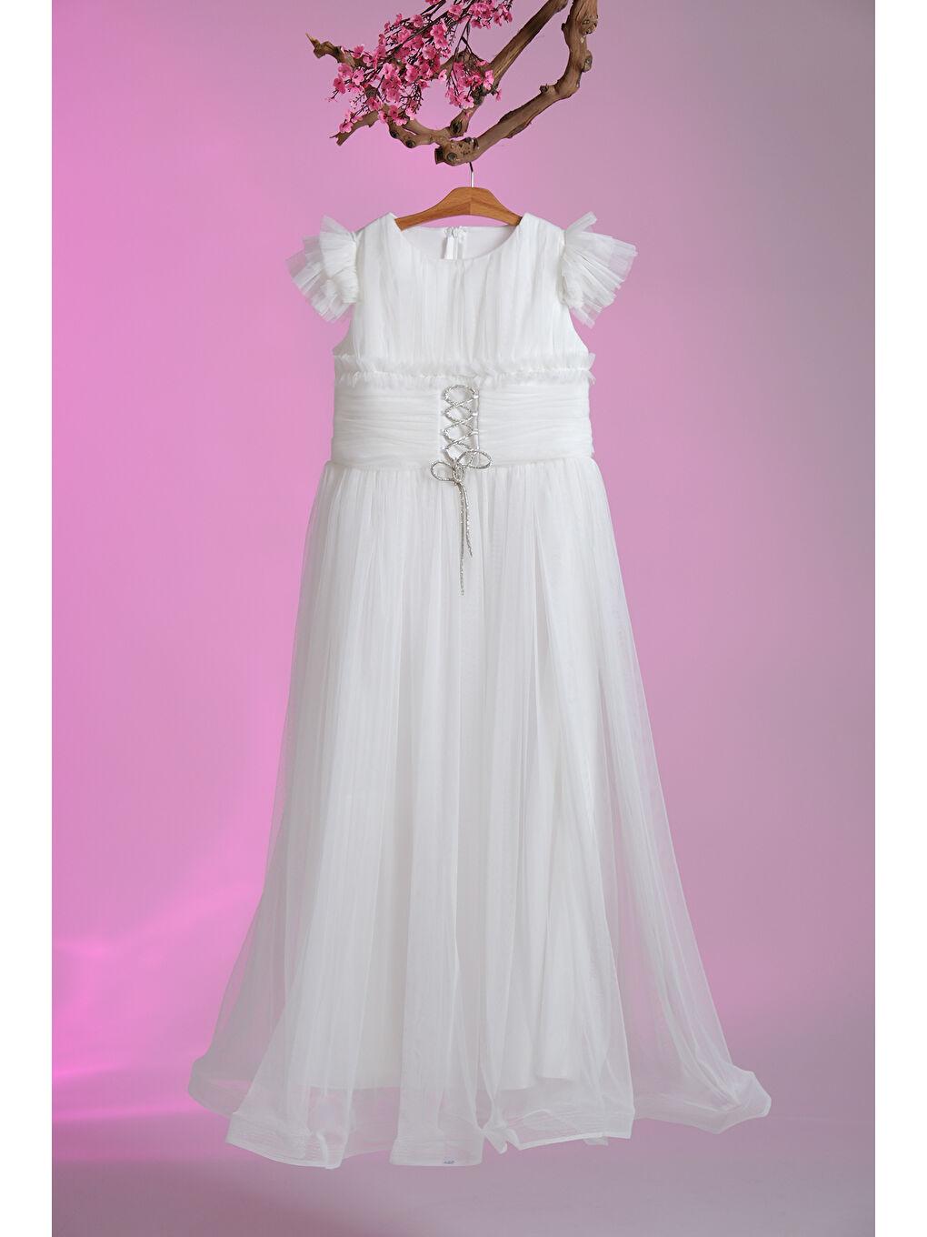 Beyaz Beli İplik Detaylı Fıfır Kollu Kız Çocuk Abiye ABY.3005