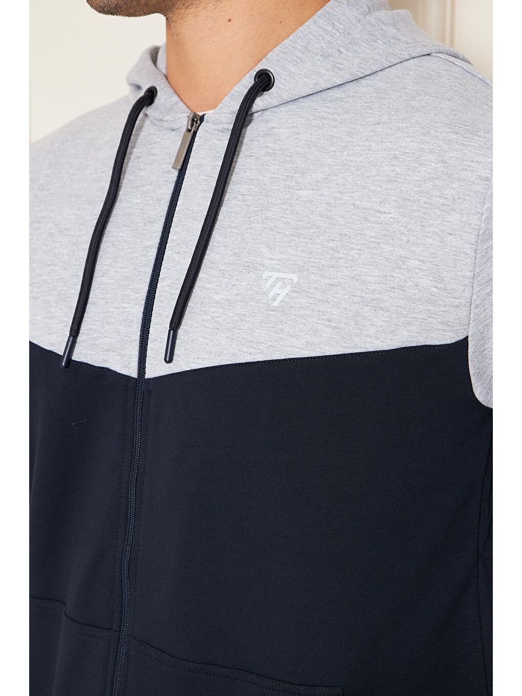 Erkek Pamuklu Kapüşonlu Kapri Takım Gri / Lacivert 7501-G.L.-8