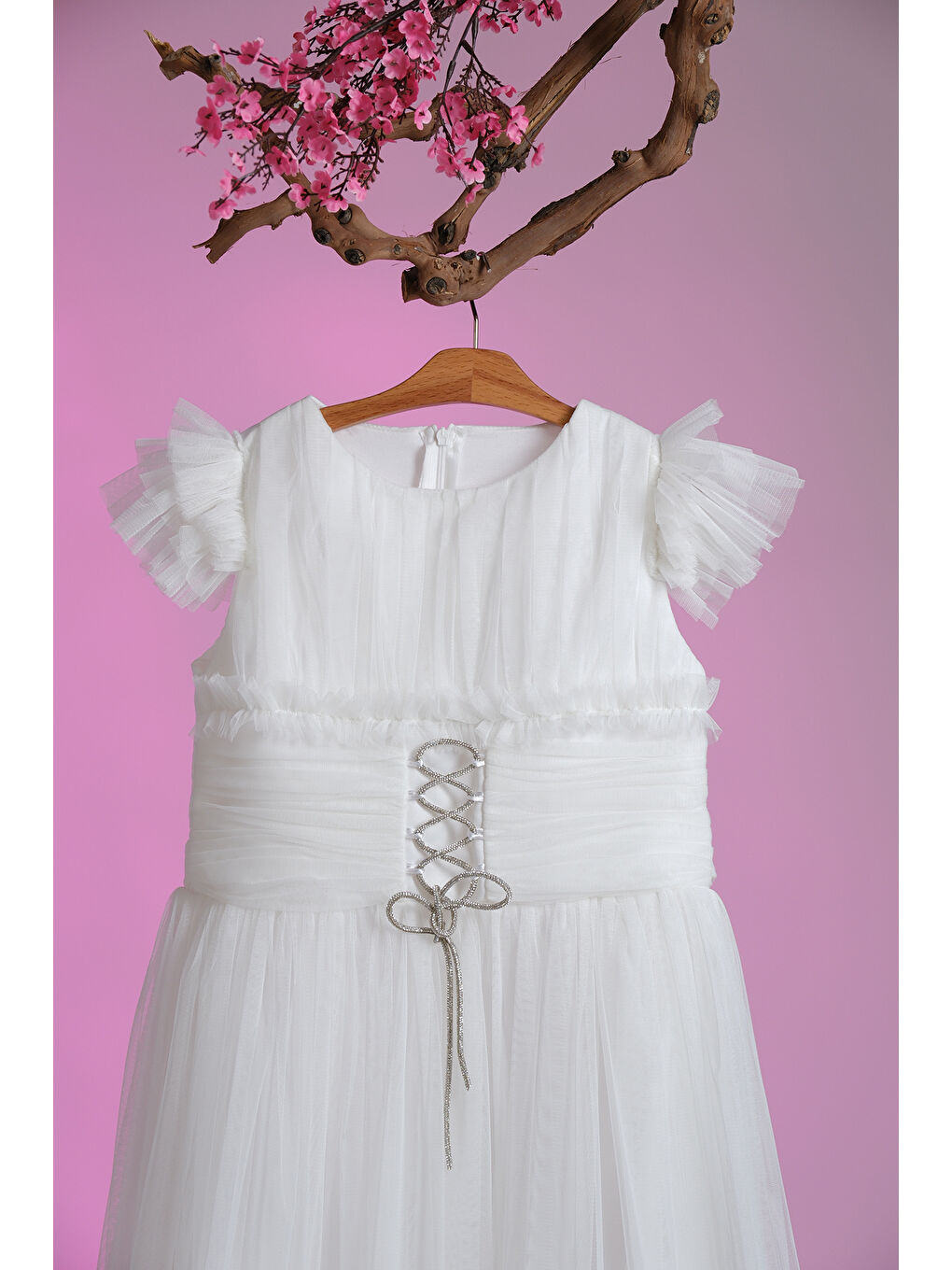 Beyaz Beli İplik Detaylı Fıfır Kollu Kız Çocuk Abiye ABY.3005-1