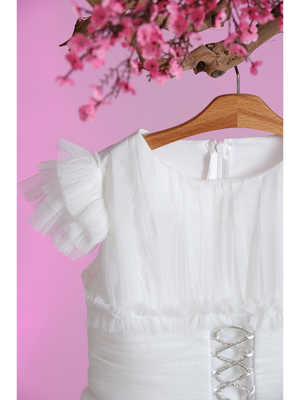 Beyaz Beli İplik Detaylı Fıfır Kollu Kız Çocuk Abiye ABY.3005-2