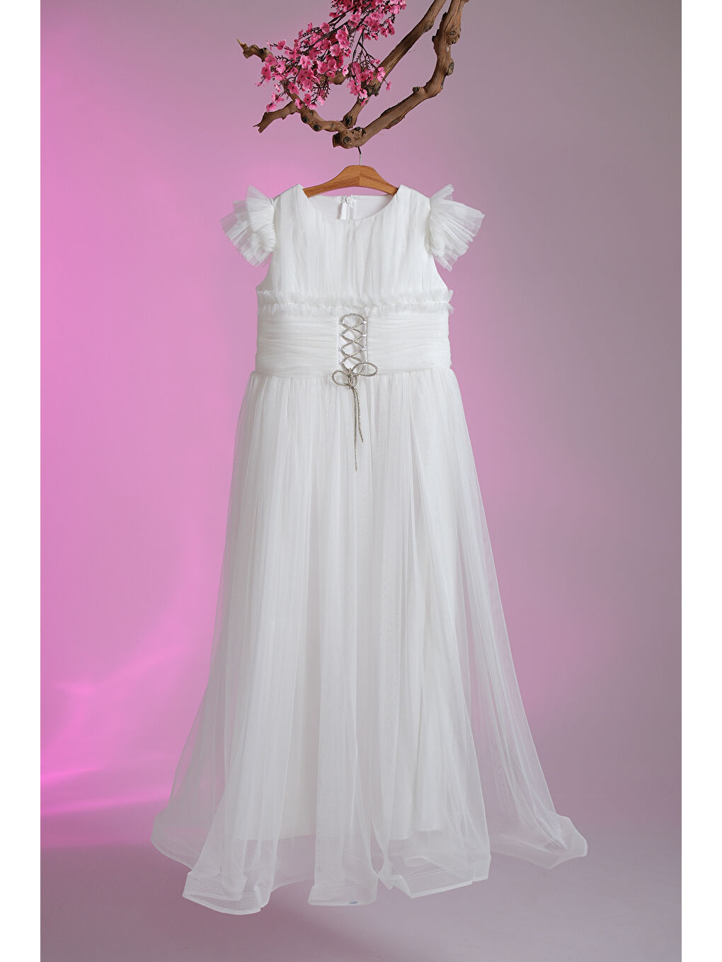 Beyaz Beli İplik Detaylı Fıfır Kollu Kız Çocuk Abiye ABY.3005-3