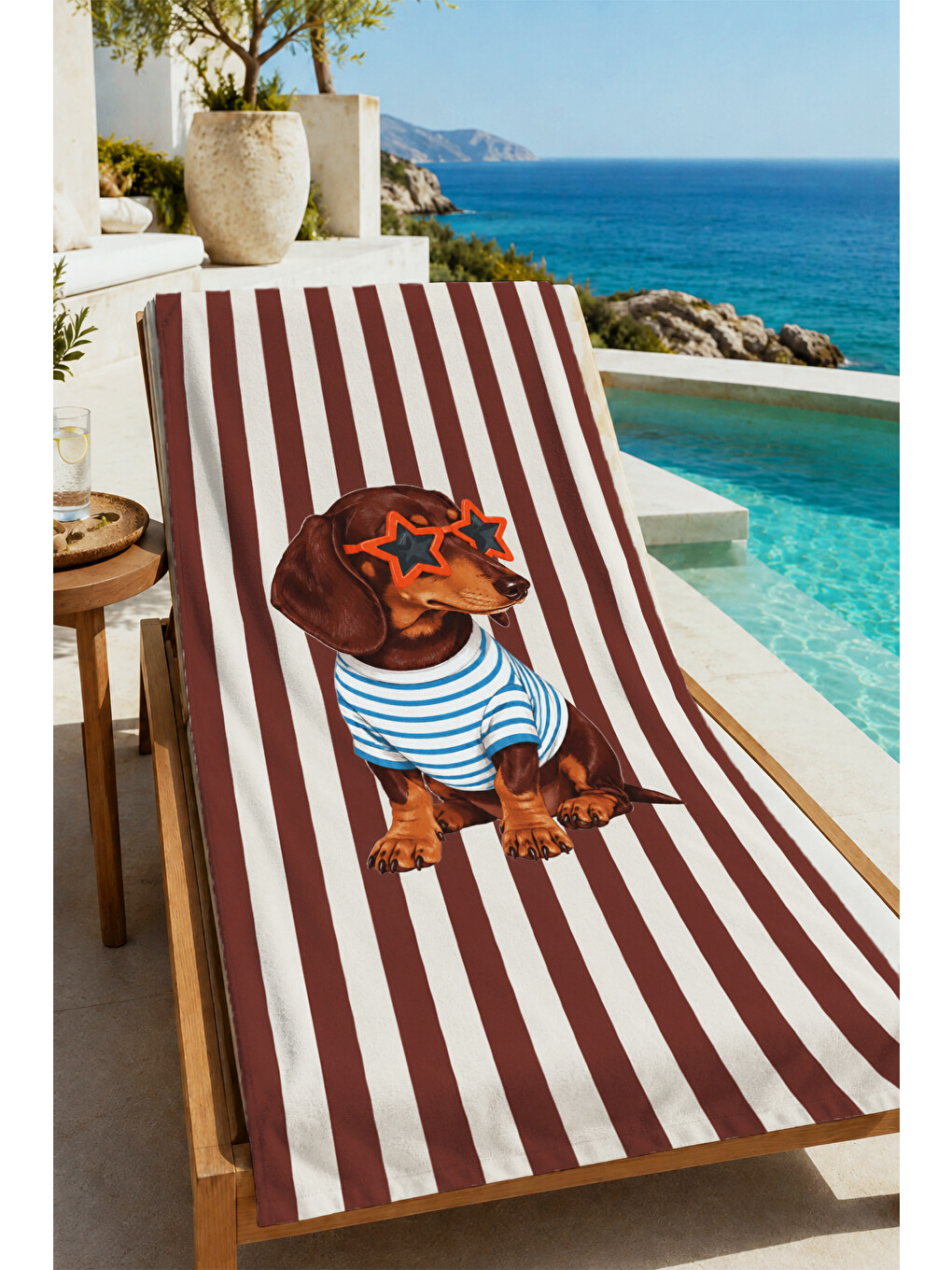 Pembe Retro Gözlüklü Dachshund Köpek Desenli 70x150 Plaj Havlusu - Dijital Baskılı Solmaz Banyo Havlusu