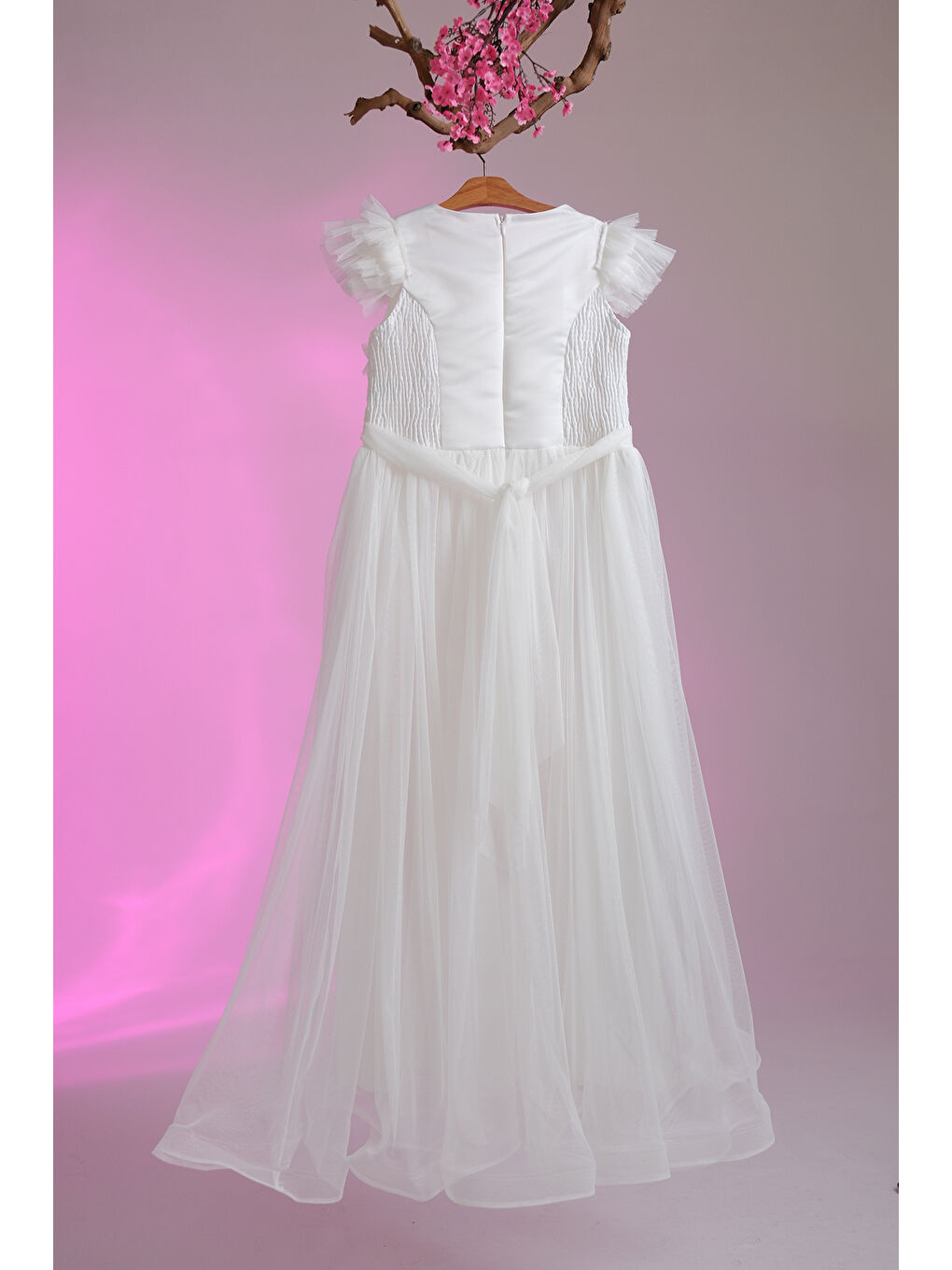 Beyaz Beli İplik Detaylı Fıfır Kollu Kız Çocuk Abiye ABY.3005-4